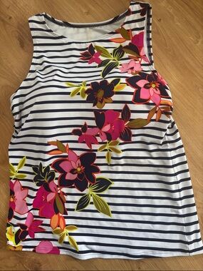 Lands End Striped Floral Tankini Top — White with Pink & Neon Accents